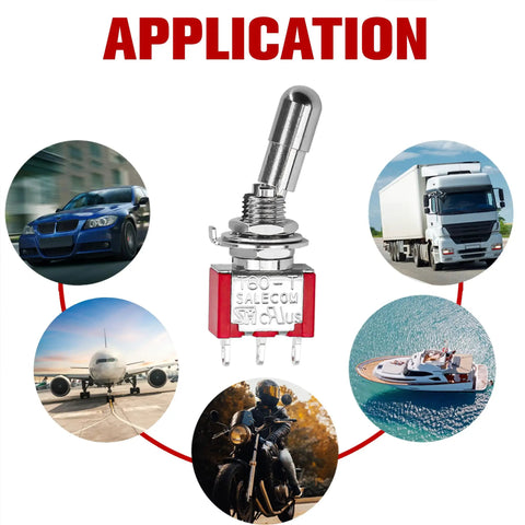 Two Pack SPDT Mini Toggle Switch 3 Pin 2 Position On On 5A 125V And 3A 250V with application images for car, boat, and electronic projects