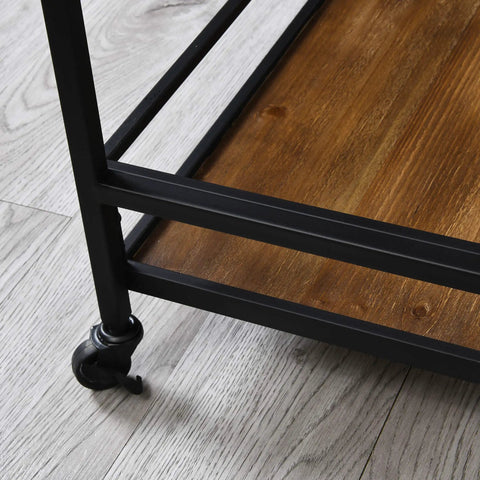 Close-up of the Prime Rolling Industrial Bar Cart With Heavy Duty Dual Tier Shelves showing a rustic wood shelf and metal frame on casters.