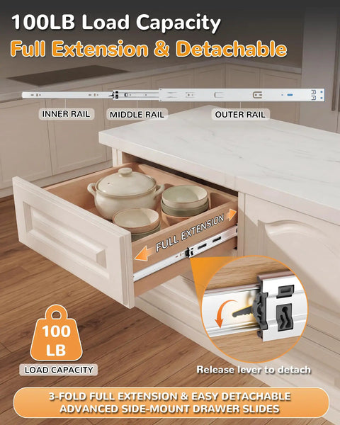 14 Inch Side Mount Soft Close Drawer Slides Set With 5 Pairs Heavy Duty Full Extension, Tough As Nails Built To Last Metal Ball Bearing Runners, Quiet Self Closing Dresser Glides, Mounting Brackets Included, 100 Pound Capacity. Side-mount steel drawer slides, 3-fold full extension, 100 lb capacity