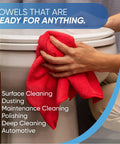 Person cleaning toilet with red microfiber cloth, showcasing versatility in cleaning tasks. Related to 50 Pack 16x16 Microfiber Cleaning Cloths.