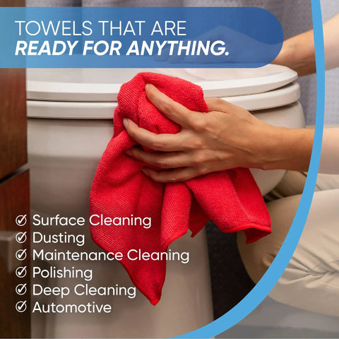 Person cleaning toilet with red microfiber cloth, showcasing versatility in cleaning tasks. Related to 50 Pack 16x16 Microfiber Cleaning Cloths.