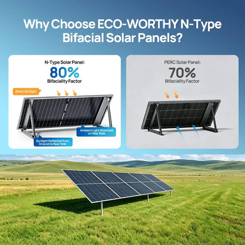 ECO-WORTHY N-Type Bifacial Solar Panels comparison, highlighting 80% and 70% bifaciality factor on green field.