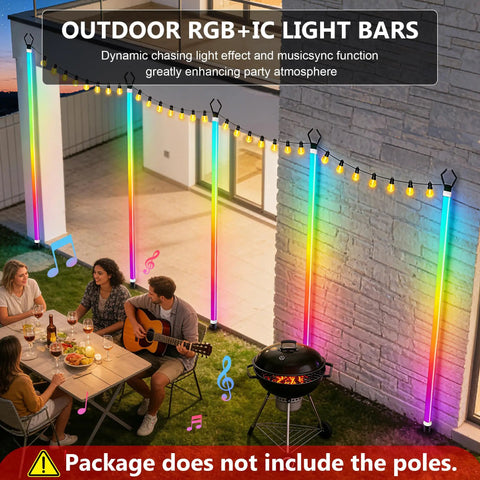 Backyard party with string lights on poles, colorful light bars, and a group of people enjoying an evening gathering