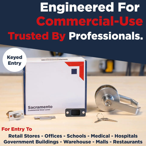 Heavy Duty Commercial Door Handle Lock Set With Grade 2 Security, Keyed Entry Lever for offices, box and handle on table