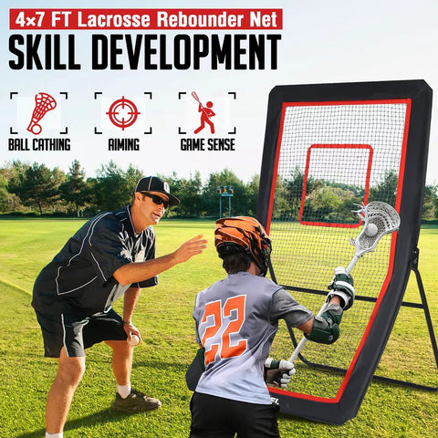 4x7Ft Backyard Lacrosse Rebounder With 5 Angles And Target Strip For Multi Sport Practice Built For Lacrosse Volleyball Baseball Softball Tennis And Soccer Great For Pro Level Drills And Real Game Like Rebounds in use