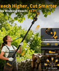 Heavy Duty 2 In 1 Electric Pruning Shears With A Telescoping Pole Reaching 15 Feet in use for cutting tree branches.