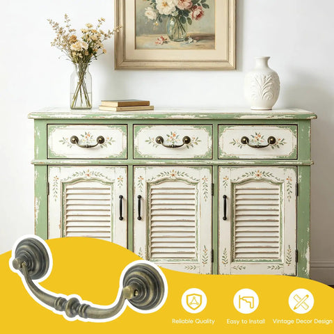 Straight Up Sturdy Bronze Cabinet Handles 4 Inch Hole Centers 4 Pack displayed on vintage green cabinet with floral decor.