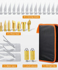 Get This Bad Honoson 30 Pc Electric Hot Knife Cutter Kit With Wood Burning Pen, 16 Blades And Storage Bag showing 16 carving blades, brass heads, storage bag, and metal stands.