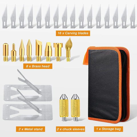 Get This Bad Honoson 30 Pc Electric Hot Knife Cutter Kit With Wood Burning Pen, 16 Blades And Storage Bag showing 16 carving blades, brass heads, storage bag, and metal stands.