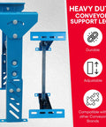 Heavy Duty Adjustable Conveyor Support Legs Two Pack Heights Lock From Twenty Six To Thirty Two Inches, blue metal structure, adjustable for use.