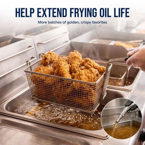 Hella Reliable Commercial Fryer Filter Paper Envelopes 17.5 By 18.5 Inch 100 Pack Oil Filtration Strainers used in deep fryer with crispy chicken.