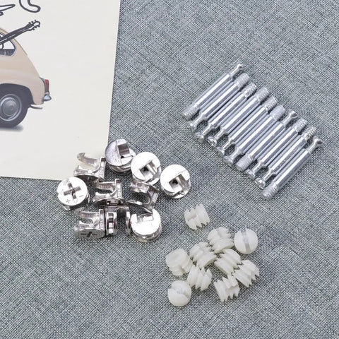 Cam Lock Fasteners Set With 24 Heavy Duty Bolt Dowels For Furniture Assembly in iron and nylon, displayed on fabric