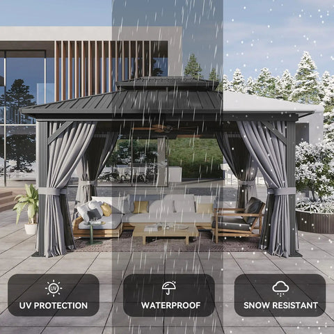 Front view of Hardtop 10x14 Gazebo With Aluminum Frame And Double Galvanized Steel Roof Outdoor Metal Pavilion With Netting And Curtains For Backyard Patio Or Deck Great Ventilation Shade And Cool Comfort
