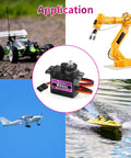 Collage showing Five Pack 9g Micro Servo Motors With Metal Gears for RC cars, robotic arm, model aircraft, and boat applications.