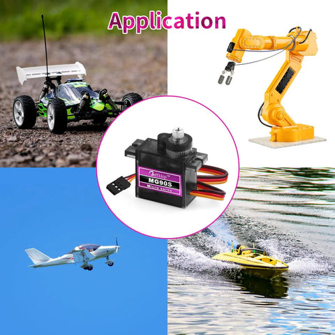 Collage showing Five Pack 9g Micro Servo Motors With Metal Gears for RC cars, robotic arm, model aircraft, and boat applications.