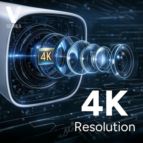 Detailed close-up of lens assembly emphasizing 4K resolution for 8 Channel 4K NVR System With 4 PoE Bullet Cameras V3