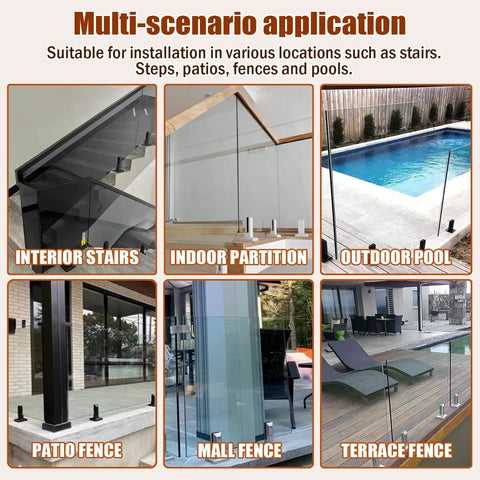 Square 304 Stainless Steel Glass Floor Spigots Deck Railing Clamps Adjustable For Ten To Fifteen Millimeter Frames Hella Solid Pool Staircase Mounts Slick Silver used in various installations.