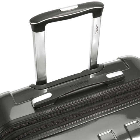 Delsey Paris Helium Aero hardside luggage close-up of brushed charcoal retractable handle