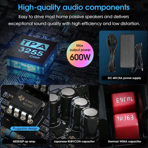 Beast 300W Per Channel Class D Stereo Amplifier with TPA3255 Chip and components such as NE5532P op amp and capacitors visible