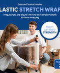 Two Pack 15 Inch Stretch Film With Extended Tension Handles 1200 Feet Each Five Hundred Percent Stretch Clear Cling Plastic Wrap For Packing And Moving Pallets Heavy Duty Durable And Easy To Use No Fuss Wrap For Moving Day in use wrapping a table.