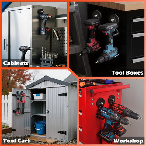 Upgraded Large Magnetic Hooks With 20lb Capacity Heavy Duty Magnetic Hangers in use for organization in garage cabinets and tool cart.