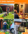 GFCI outlets in use with lawn mower, party lights, cleaning tools, and security camera, showing versatility of power sources.