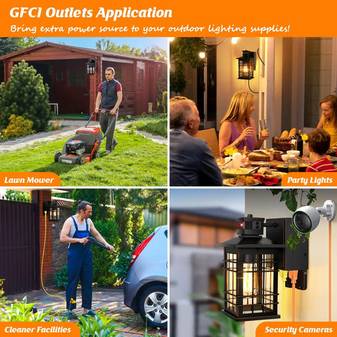 GFCI outlets in use with lawn mower, party lights, cleaning tools, and security camera, showing versatility of power sources.