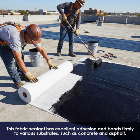 Two workers applying High Density Stitched Polyester Roof Mesh Fabric 40 X 157.5 Ft Crack Resistant Tape on a roof for sealing.