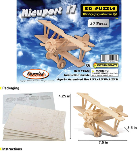 Packaging and instructions of Nieuport 17 Wooden Airplane Model Puzzle Kit displayed with assembled wooden model and pieces.