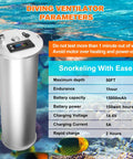 Close-up of Tankless Underwater Breathing System D2 with 50ft tube details and specifications for snorkeling and diving