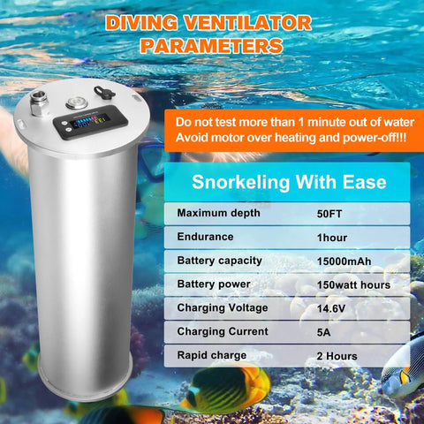 Close-up of Tankless Underwater Breathing System D2 with 50ft tube details and specifications for snorkeling and diving