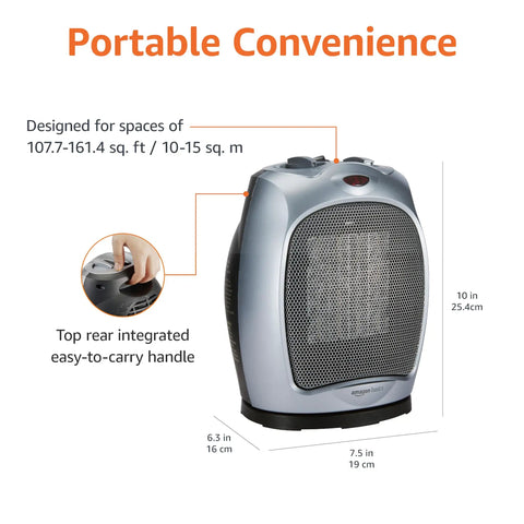 Oscillating Ceramic Portable Indoor Space Heater With 1500W Fast Heat 3 Settings 45 Degree Oscillation Compact Silver