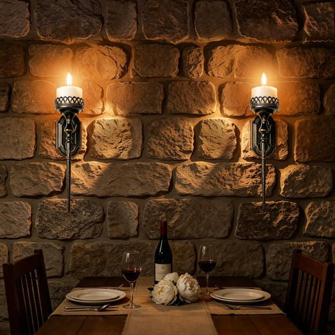 Gatheroad Pillar Candle Wall Sconces Set of 2, Gothic Lattice Crown Decor illuminating a rustic stone wall.