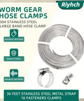 Front view of 36 ft stainless steel worm-drive hose clamp kit with large-band strap and 16 fasteners.