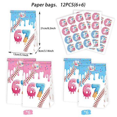 Ice Cream Themed Paper Food Bags With Dope Decorative Stickers, 12-pack black party packaging for snacks and gifts shown flat.