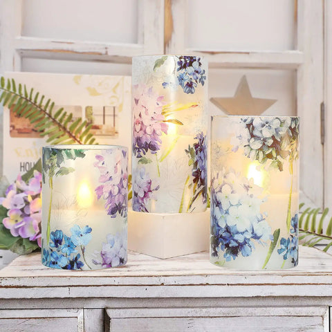 Blue Violet Hydrangea Flameless Candles Set With LED Flicker And Remote Dim, Battery Operated Wax Candles on vintage decor