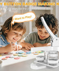 Kids using Pre Assembled Button Maker Machine With Free 58mm Discs No Sweat Setup Straight Out The Box Diy Badge Press Kit.