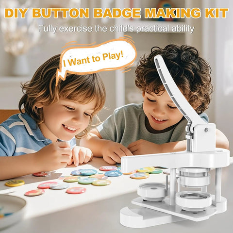 Kids using Pre Assembled Button Maker Machine With Free 58mm Discs No Sweat Setup Straight Out The Box Diy Badge Press Kit.