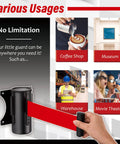 Wall Mount Retractable Belt Barrier With 9.2 Ft Red Belt In Sturdy Black Casing For Indoor And Outdoor Crowd Control Do Not Cross Barrier Queue Divider And Line Management Solution shown in various settings like coffee shop and museum.