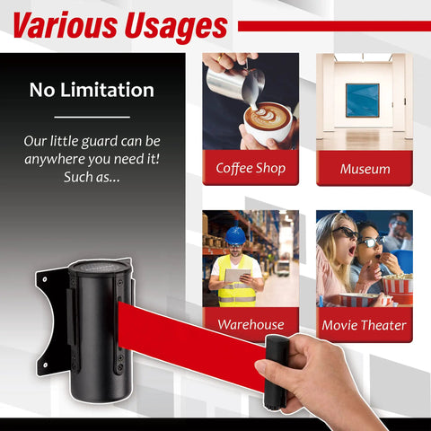 Wall Mount Retractable Belt Barrier With 9.2 Ft Red Belt In Sturdy Black Casing For Indoor And Outdoor Crowd Control Do Not Cross Barrier Queue Divider And Line Management Solution shown in various settings like coffee shop and museum.