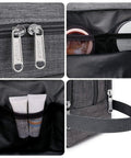Close-up images of Lightweight Denim Grey Hanging Dopp Kit For Men Travel Toiletry Bag Water Resistant Small Organizer Easy Carry Compact 9.5 By 4.7 By 5.13 Inches Durable Travel Essentials Case For Packing On The Go showing zippers, compartments, and handle.
