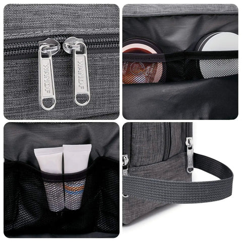 Close-up images of Lightweight Denim Grey Hanging Dopp Kit For Men Travel Toiletry Bag Water Resistant Small Organizer Easy Carry Compact 9.5 By 4.7 By 5.13 Inches Durable Travel Essentials Case For Packing On The Go showing zippers, compartments, and handle.