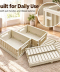Top Shelf Foldable Storage Bins Four Pack Hella Space Savers For Tiny Apartments Dorm Rooms And Closets Easy Flat Fold Plastic Organizer Crates With Secure Lids Beige with smooth pull handles.