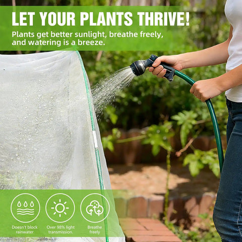 Watering plants under the All In One Garden Netting Kit With 36 Fiberglass Hoops And 30 Connectors For A 10x20 Ft Ultra Fine Mesh Insect Barrier