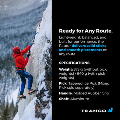 Climber using Raptor Ice Tool for Technical Ice Climbing and Mountaineering with Dope Modular Picks on icy waterfall route