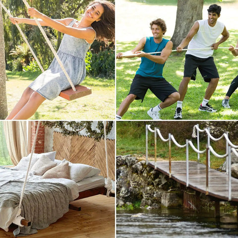 Collage of uses for 1 Inch White Cotton Rope 100 Feet Triple Stranded Natural Twisted Cord in decor and outdoor activities.