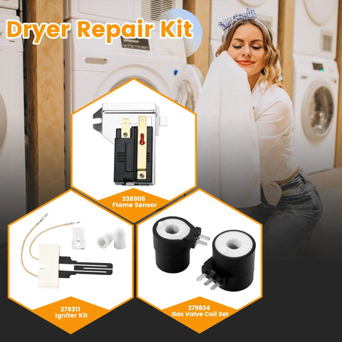 Gas Dryer Repair Kit With Igniter, Gas Valve Coil And Flame Sensor, Replacement Parts 279311 279834 338906 image with components