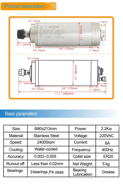 Beefy 2.2kW Water Cooled ER20 VFD Spindle Motor Kit For CNC Routers With 80mm Mount, 80W Pump, 5m Tubing, ER20 Collets From 1mm To 13mm, Wrench And Mount Hardware, 80x213mm stainless steel spindle specs