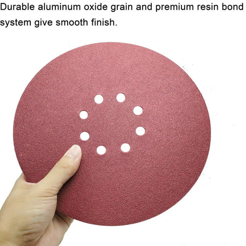 Holding 50 Pcs 9 Inch 8 Hole 120 Grit Drywall Sanding Discs With Hook And Loop Backing High Performance Aluminum Oxide Sandpaper.