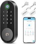 Fingerprint Smart Deadbolt with Keypad and App Control for Keyless Entry Security Lock for Home Apartment Rental featuring a sleek black design and accessory keys.